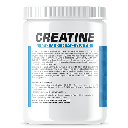An image showcasing creatine monohydrate supplement jar's about product information and suggested usage