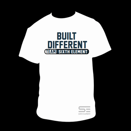 An image showcasing a tshirt with text written on it - built different team sixth element