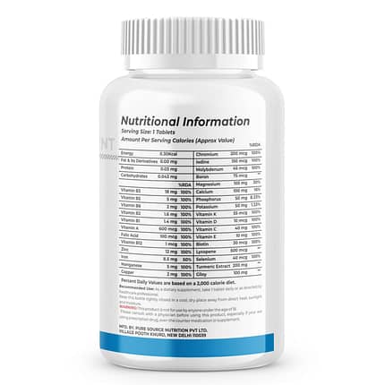 An image showcasing super vitals multivitamins nutritional information on its bottle