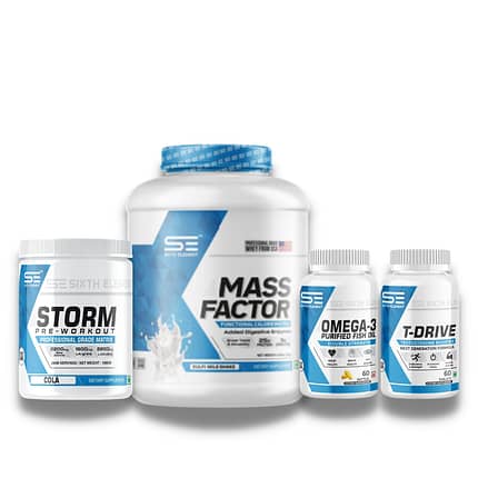 An image showcasing Mass factor whey protein powder jar , storm pre workout supplement jar, Omega 3 Capsules bottle, and T- Drive tablets bottle