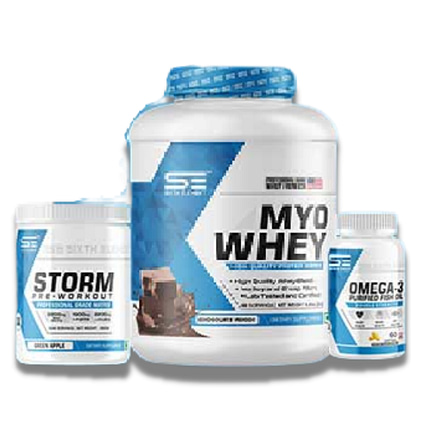 An image showcasing Myo whey protein powder jar , storm pre workout supplement jar and Omega 3 Capsules bottle
