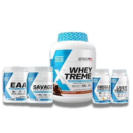 An image showcasing Xtreme whey protein powder jar , savage pre workout supplement jar, Omega 3 Capsules bottle, EAA (essential amino acid) supplement jar and liver health capsules bottle