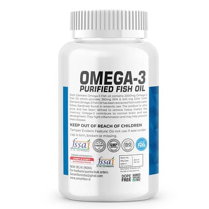 An image showcasing Omega 3 capsules benefits and some other information on its bottle