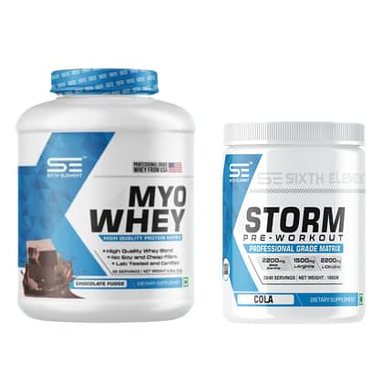 An Image showcasing myo whey protein supplement product jar and storm pre workout supplement product jar